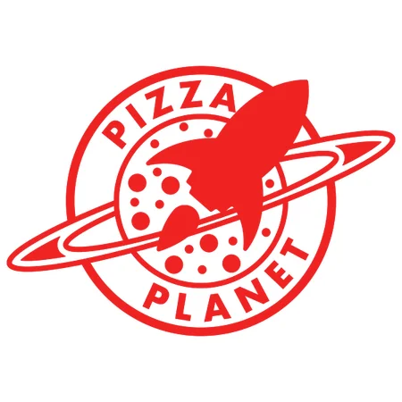 Logo that reads 'Pizza Planet' on top of a saturn-like planet